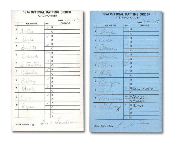 9/28/1974 NOLAN RYAN 3RD CAREER NO-HITTER OFFICIAL GAME LINEUP CARDS (ANGELS VS. TWINS) USED BY HOME PLATE UMPIRE ART FRANTZ