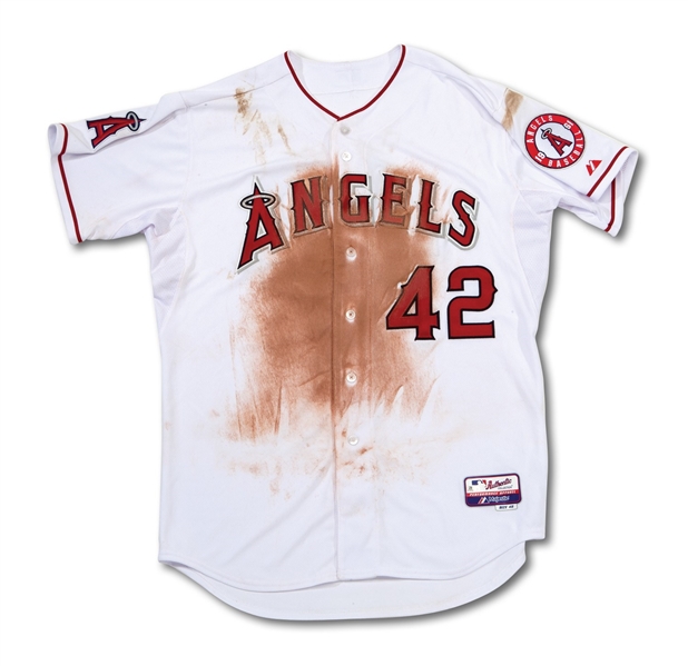 4/15/2014 MIKE TROUT (1st MVP SEASON) JACKIE ROBINSON DAY #42 HOME RUN JERSEY DIRT STAINED & EASILY PHOTOMATCHED - HIT GAME-TYING HR IN 9TH (RESOLUTION LOA, MLB AUTH.)