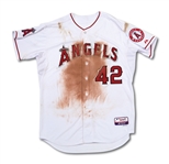 4/15/2014 MIKE TROUT (1st MVP SEASON) JACKIE ROBINSON DAY #42 HOME RUN JERSEY DIRT STAINED & EASILY PHOTOMATCHED - HIT GAME-TYING HR IN 9TH (RESOLUTION LOA, MLB AUTH.)