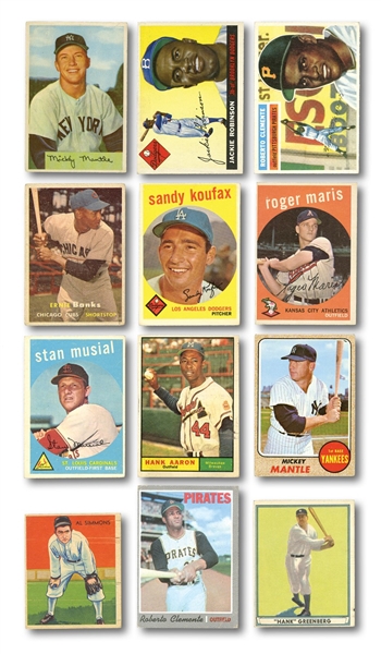 1934-1970 HALL OF FAMERS & STARS LOT OF (12) INCL. 1954 BOWMAN #65 MICKEY MANTLE