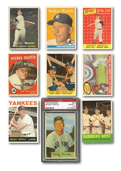 LOT OF (11) MICKEY MANTLE 1955-64 BASEBALL CARDS INCL. 1954 BOWMAN #65