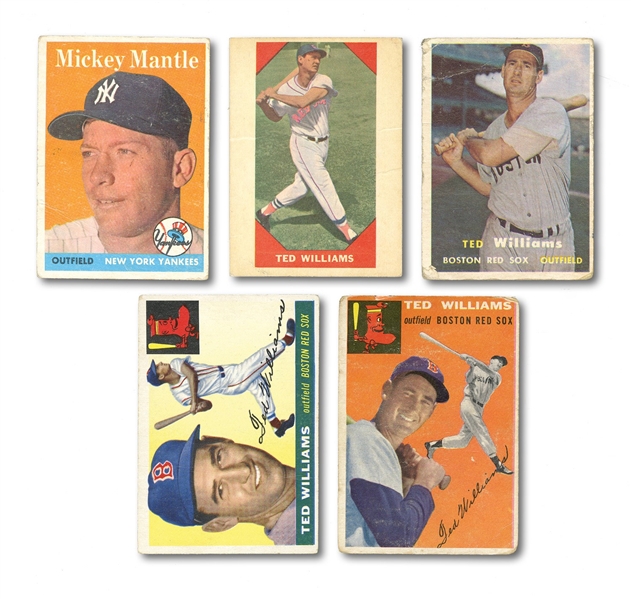 1958 TOPPS #150 MICKEY MANTLE PLUS (4) 1950S TED WILLIAMS CARDS - ALL UNGRADED