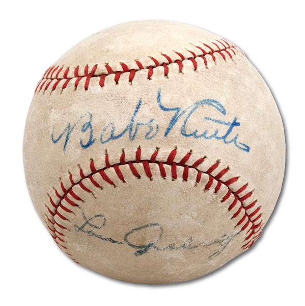 C. 1927-28 BABE RUTH AND LOU GEHRIG DUAL-SIGNED BASEBALL