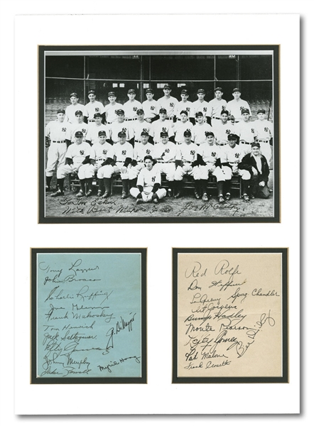 1937 WORLD CHAMPION NEW YORK YANKEES TEAM SIGNED ALBUM PAGES MATTED WITH TEAM PHOTO SIGNED BY JOE MCCARTHY