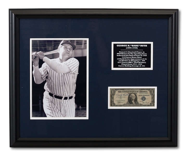 BABE RUTH AUTOGRAPHED ONE DOLLAR BILL IN NICE FRAMED DISPLAY