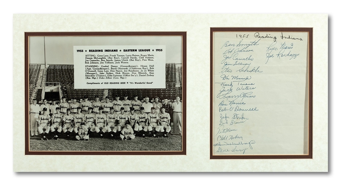 1955 READING INDIANS TEAM SHEET INCL. PRE-ROOKIE ROGER MARIS MATTED W/ TEAM PHOTO
