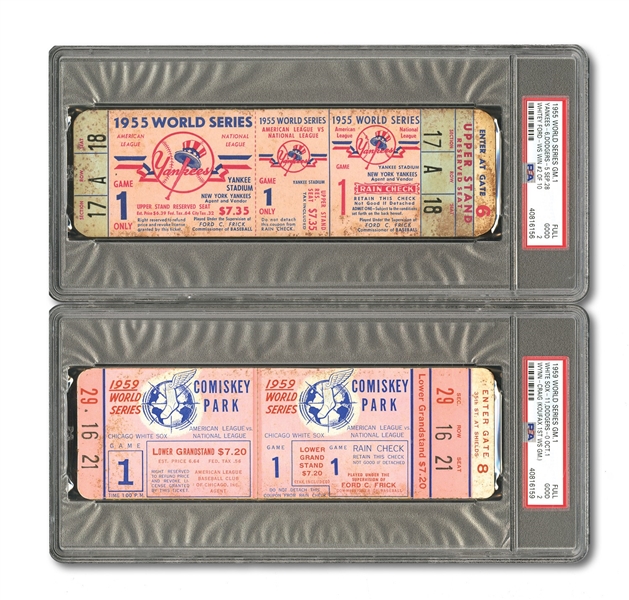 PAIR OF 1955 WORLD SERIES (DODGERS VS. YANKEES) GAME 1 FULL TICKETS PLUS 1959 WS GAME 1 FULL TICKET (SANDY KOUFAX 1ST WS GAME) AND 1959 WS GAME 2 TICKET STUB - ALL PSA GD 2