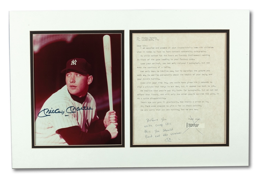 MICKEY MANTLE AUTOGRAPHED 8" X 10" PHOTO MATTED WITH NOTATED FAN LETTER ADMONISHING HIM FOR REFUSING AUTOGRAPH REQUEST