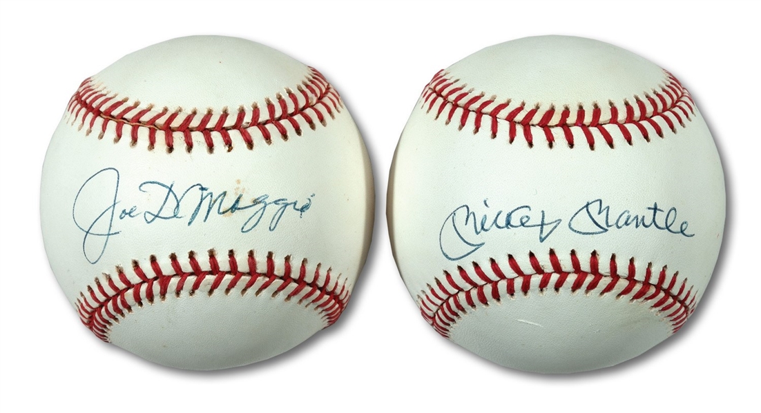 PAIR OF MICKEY MANTLE AND JOE DIMAGGIO SINGLE SIGNED OAL BASEBALLS