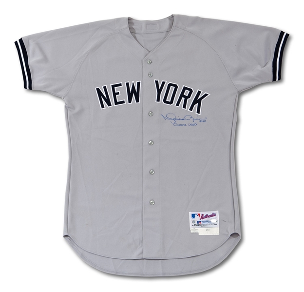 2002 MARIANO RIVERA SIGNED & INSCRIBED NEW YORK YANKEES GAME WORN ROAD JERSEY (MEARS A10)