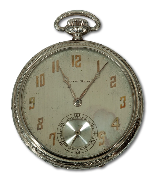 KNUTE ROCKNES NOTRE DAME 14K GOLD POCKET WATCH PRESENTED JUNE 14, 1924 TO HONOR HIS DEDICATION AS FOOTBALL COACH AND ATHLETIC DIRECTOR (EVENT DOCUMENTED IN STUDENT NEWSPAPER)