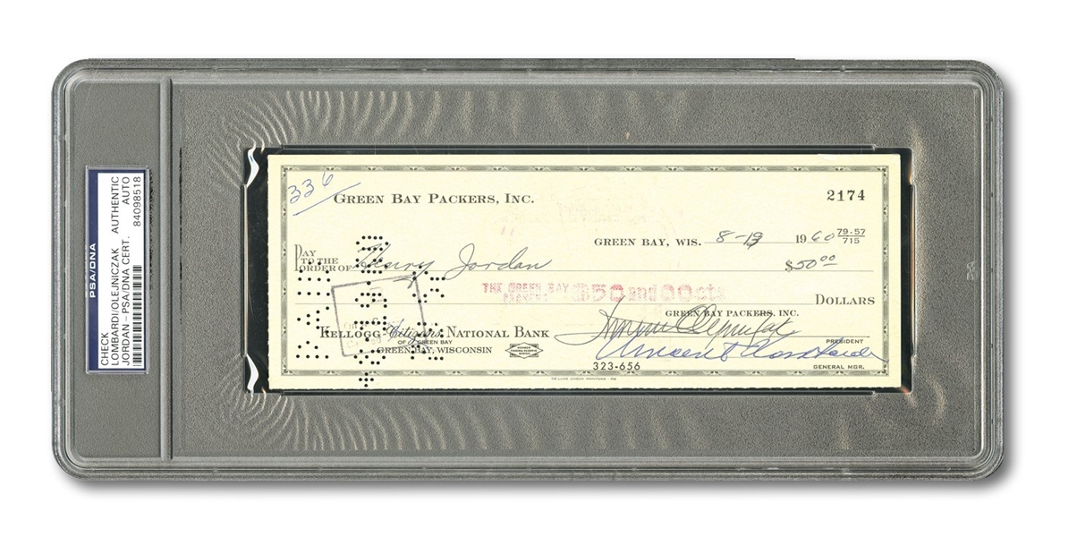 8/13/1960 VINCE LOMBARDI SIGNED OFFICIAL GREEN BAY PACKERS CHECK TO FELLOW HALL OF FAMER HENRY JORDAN - ENDORSED BY JORDAN (PSA/DNA AUTH.)