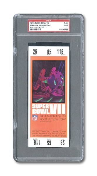 1973 SUPER BOWL VII (MIAMI 14 - WASHINGTON 7) FULL TICKET - PSA NM 7