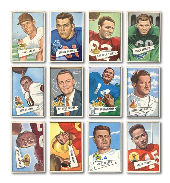 1952 BOWMAN SMALL FOOTBALL LOT OF (32) INC. GRAHAM, BEDNARIK, TRIPPI, CONNOR, TUNNEL, BAUGH, AND BROWN