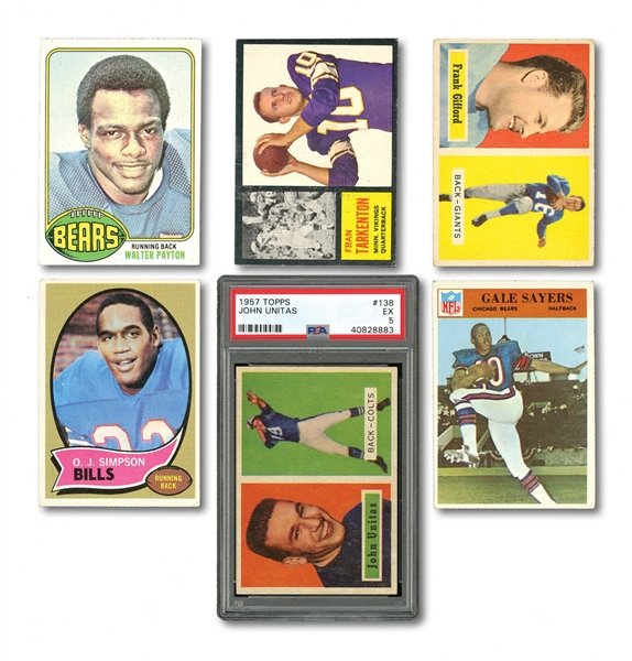 FOOTBALL HALL OF FAME CARD LOT OF (6) FEATURING 1957 TOPPS #138 JOHNNY UNITAS (PSA EX 5) PLUS TARKENTON, SAYERS, O.J. & PAYTON ROOKIES