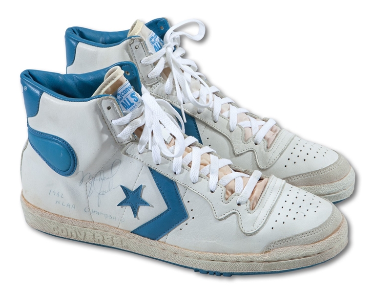 1981-82 MICHAEL JORDAN DUAL-SIGNED & INSCRIBED UNC TAR HEELS GAME USED CONVERSE SNEAKERS FROM HIS FRESHMAN NCAA CHAMPIONSHIP SEASON (WELL-DOCUMENTED PROVENANCE)