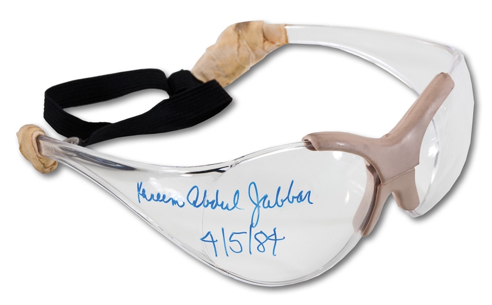 KAREEM ABDUL-JABBAR GAME USED, SIGNED & INSCRIBED "4/5/84" GOGGLES ATTRIBUTED TO THE APRIL 5, 1984 GAME HE SET NBAS ALL-TIME SCORING RECORD (EXCELLENT PROVENANCE)