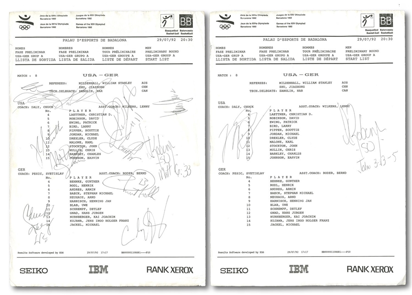 1992 BARCELONA OLYMPICS USA DREAM TEAM PAIR OF MULTI-SIGNED ROSTER SHEETS (JULY 29 VS. GERMANY) WITH 10 DIFFERENT PLAYER AUTOGRAPHS INCL. MICHAEL JORDAN