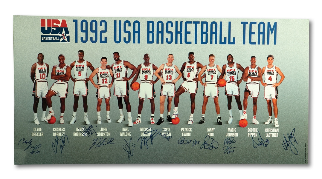 1992 OLYMPIC DREAM TEAM SIGNED USA BASKETBALL 18" X 36" POSTER WITH ALL 12 PLAYER AUTOGRAPHS (LENNY WILKENS PROVENANCE)