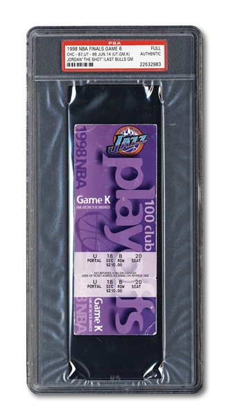 1998 NBA FINALS GAME 6 ("LAST SHOT") FULL TICKET - JORDAN WINS 6TH TITLE IN HIS FINAL BULLS GAME - PSA AUTHENTIC (1/3 EVER ENCAPSULATED)