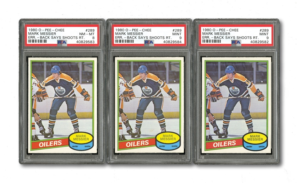 1980 O-PEE-CHEE #289 MARK MESSIER ROOKIE TRIO - TWO GRADED PSA MINT 9 AND ONE PSA NM-MT 8