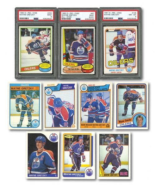 WAYNE GRETZKY 1980-87 O-PEE-CHEE CARD LOT OF (10) DIFFERENT INCLUDING 1980 OPC #250 PSA MINT 9