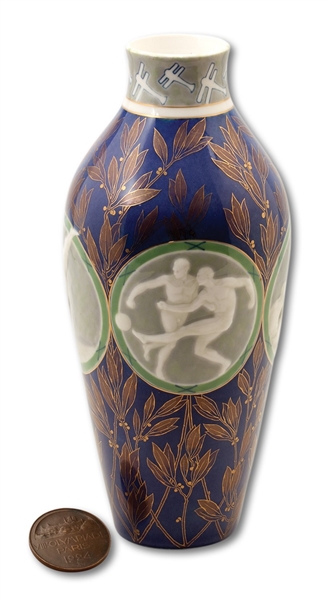 1924 PARIS OLYMPIC GAMES GOLD MEDAL WINNERS SEVRES PORCELAIN VASE AWARDED TO URUGUAY SOCCER PLAYER PLUS HIS 1924 PARTICIPATION MEDAL