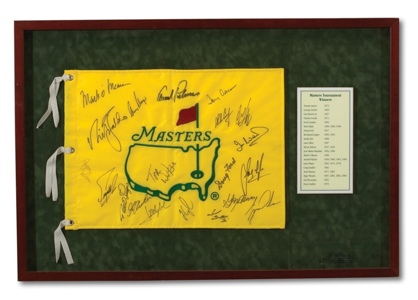 MASTERS PIN FLAG SIGNED BY (20) FORMER MASTERS CHAMPIONS INCL. WOODS, PALMER, NELSON, PLAYER, ETC.