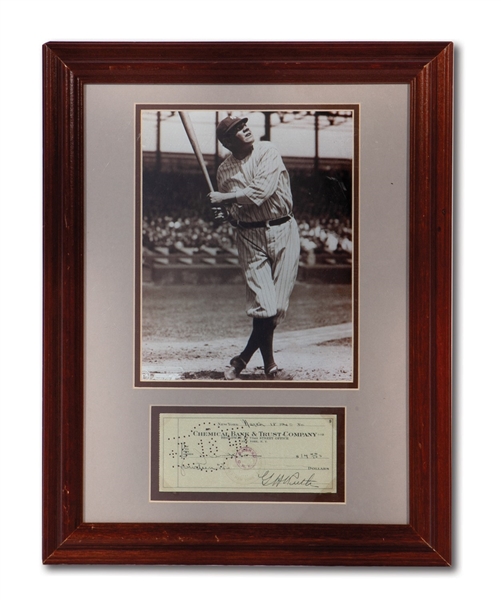 1940 BABE RUTH SIGNED BANK CHECK WITH PHOTO IN FRAMED DISPLAY