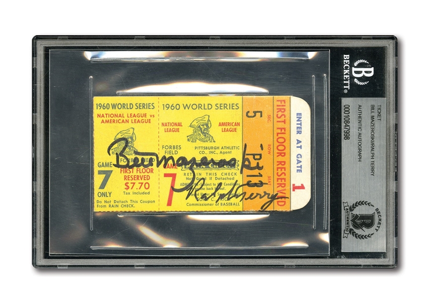 1960 WORLD SERIES (PIRATES VS. YANKEES) GAME 7 TICKET STUB SIGNED BY BILL MAZEROSKI AND RALPH TERRY (BECKETT AUTHENTIC)