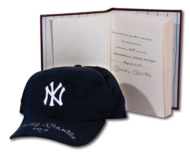MICKEY MANTLE SIGNED & "NO. 7" INSCRIBED N.Y. YANKEES CAP (UDA) PLUS MANTLE SIGNED COPY OF "THE MICK" – BOTH LIMITED EDITIONS OF 536