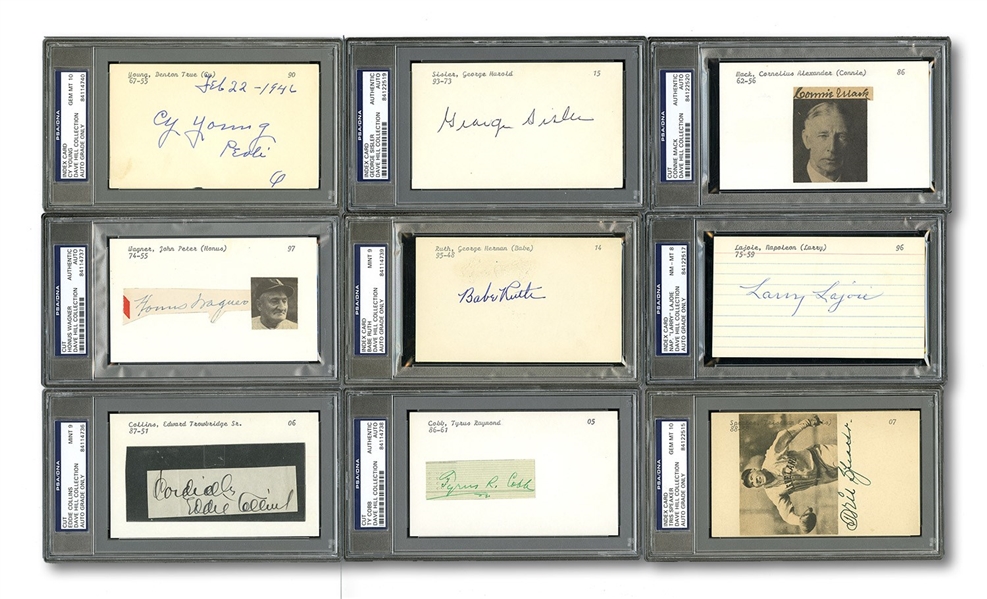 1939 BASEBALL HALL OF FAME INAUGURAL INDUCTEES GROUP OF 9 AUTOGRAPHED 3x5 INDEX CARDS & CUTS (MISSING 2 OF ORIGINAL 11) – ALL PSA/DNA AUTH. WITH 5 GRADED (DAVE HILL COLLECTION)