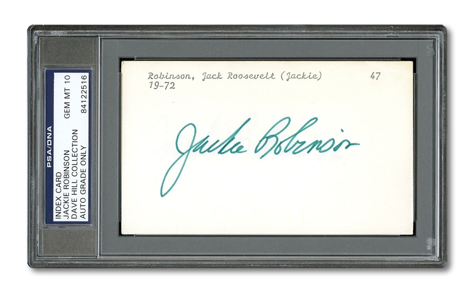 JACKIE ROBINSON AUTOGRAPHED 3x5 INDEX CARD – PSA/DNA AUTO. GRADE 10 (DAVE HILL COLLECTION)