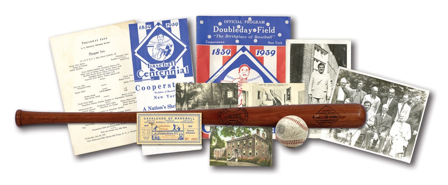INCREDIBLE 1939 INAUGURAL HALL OF FAME COLLECTION INCL. MULTI-SIGNED BALL WITH 15 HOFERS & 7 ORIGINAL INDUCTEES (RUTH, WAGNER, JOHNSON & LAJOIE WHO DATED IT), CAVALCADE GAME TICKET STUB, PROGRAMS, PHOTOS, ETC. (OUTSTANDING PROVENANCE)