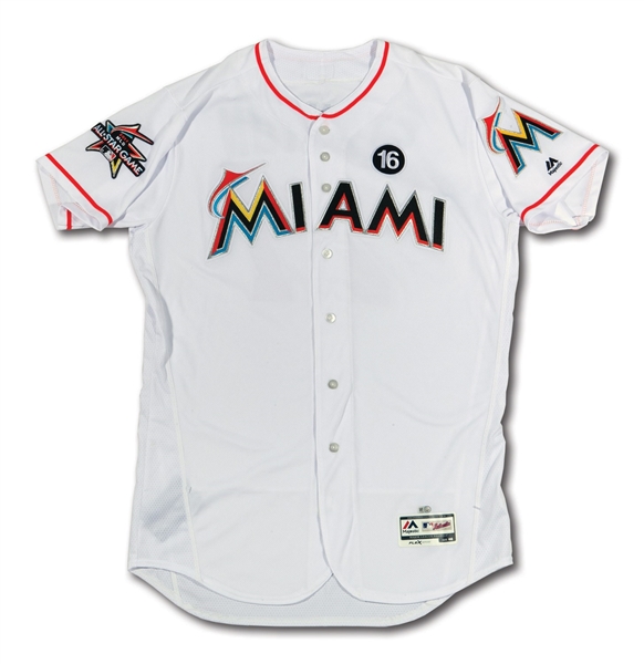 4/12/2017 GIANCARLO STANTON MIAMI MARLINS GAME WORN JERSEY PHOTO-MATCHED TO FIRST 2 HOME RUNS OF HISTORIC 59-HR SEASON (PM&G LOA, MLB AUTH.)