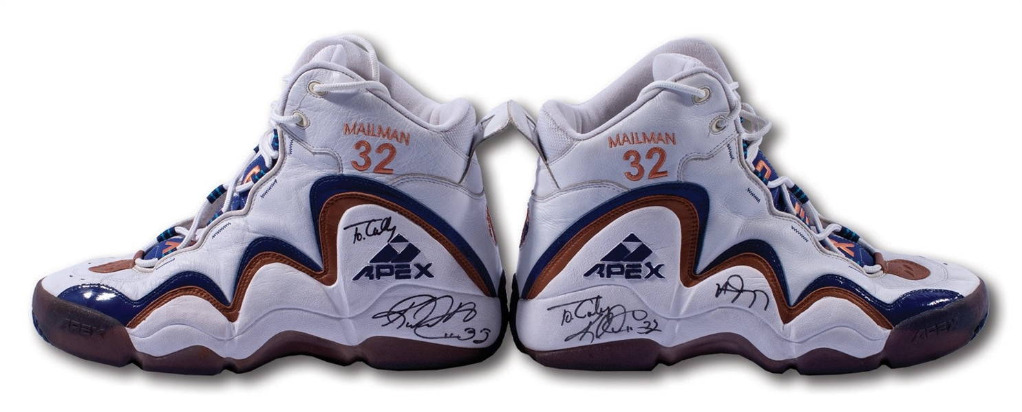 1997-98 KARL MALONE UTAH JAZZ GAME WORN, DUAL-SIGNED & INSCRIBED APEX MAILMAN SHOES GIFTED BY MALONE AFTER THE 98 ALL-STAR GAME AT MSG (COBY KARL COLLECTION)