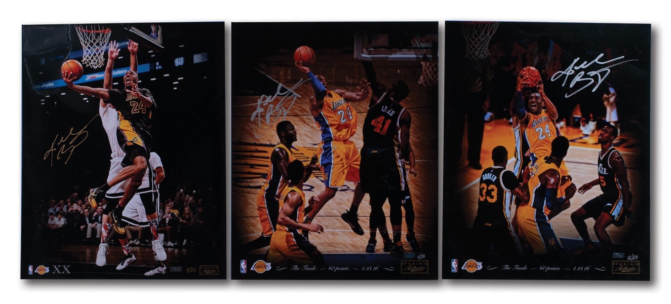 KOBE BRYANT TRIO OF DIFFERENT AUTOGRAPHED 16x20 PHOTOS INCL. TWO THEMED "THE FINALE - 60 POINTS - 4.13.16" – EACH LIMITED TO 24 (PANINI AUTH.)