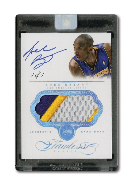2013-14 PANINI FLAWLESS KOBE BRYANT GAME WORN LAKERS 3-COLOR AUTO PATCH CARD (1 OF 1)