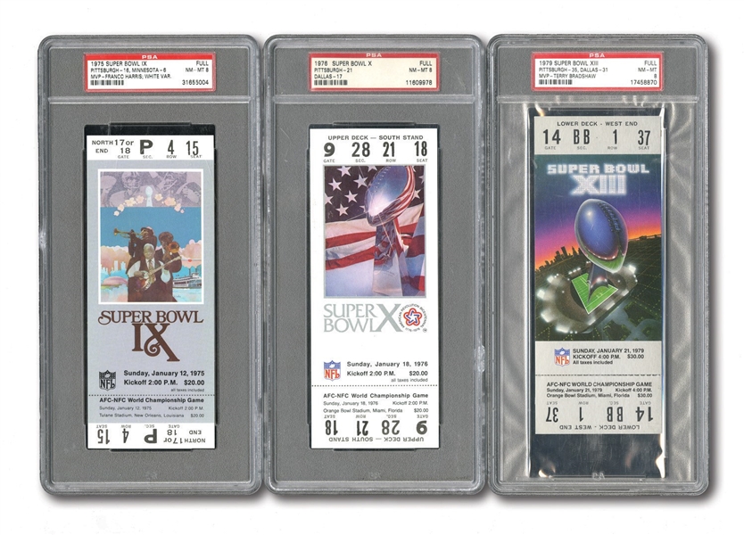 PITTSBURGH STEELERS PSA NM-MT 8 RUN OF (5) DIFFERENT SUPER BOWL FULL TICKETS INCL. 1975 XI (WHITE), 1976 X, 1979 XIII, 1980 XIV & 2006 XL (SILVER)
