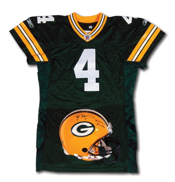 BRETT FAVRE SIGNED GREEN BAY PACKERS FULL-SIZE HELMET INSCRIBED "95, 96, 97 MVP, 3 IN A ROW" AND AUTOGRAPHED 2008 PACKERS HOME JERSEY