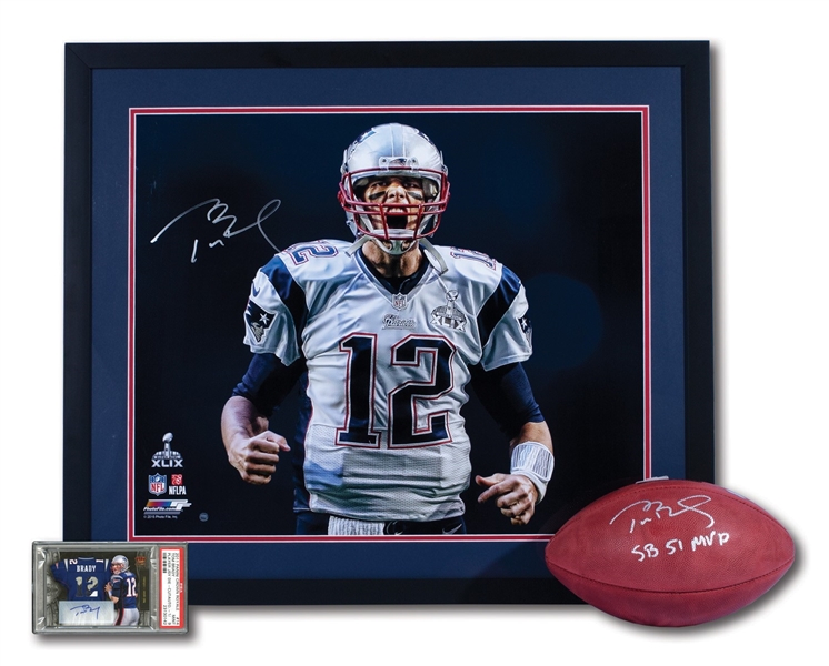 TOM BRADY SIGNED TRIO OF 24x20 SUPER BOWL XLIX PRINT, OFFICIAL SUPER BOWL LII FOOTBALL, AND 2011 PANINI CROWN ROYALE 1 OF 1 JERSEY DIE-CUT AUTO CARD (PSA MINT 9)