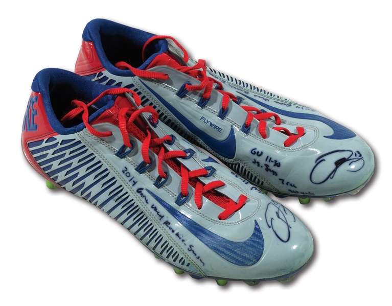 11/30/2014 ODELL BECKHAM JR. DUAL-SIGNED & INSCRIBED (ROOKIE OF THE YEAR SEASON) GAME WORN NIKE CLEATS – 7 CATCHES & 90 YDS. AT JAGS (BECKHAM & MEARS LOAS)
