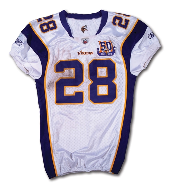 10/11/2010 ADRIAN PETERSON MINNESOTA VIKINGS GAME WORN JERSEY POUNDED AND EASILY PHOTO-MATCHED – 108 YARDS AT JETS (NFL & PSA COA, RESOLUTION LOA)