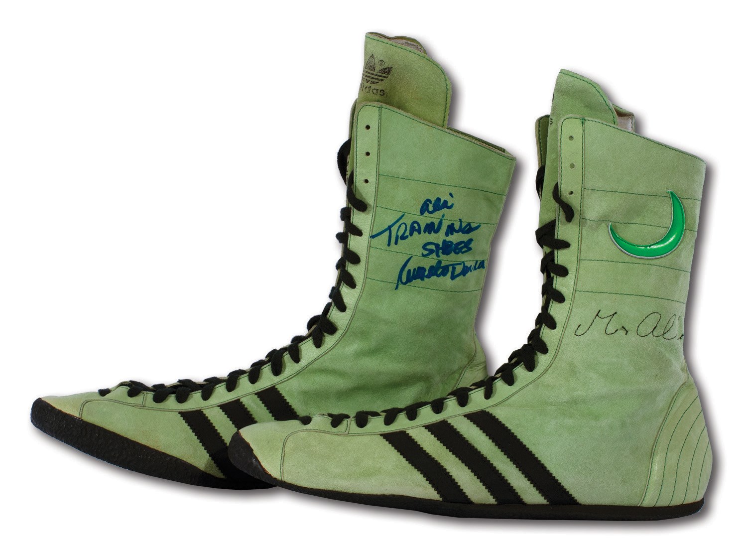 Lot Detail - 1975 MUHAMMAD ALI TRAINING WORN SHOES FOR JOE BUGNER II BOUT,  INSCRIBED BY ANGELO DUNDEE (DUNDEE LOA)