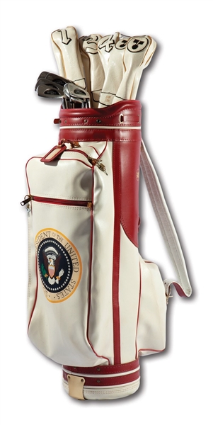 PRESIDENT GERALD FORDS 1975 WILSON CUSTOM SET OF 13 USED GOLF CLUBS (ALL BUT PUTTER) IN PRESIDENTIAL SEAL STAMPED BAG – DONATED BY FORD TO BILL DEMAREST GOLF CLASSIC AUCTION