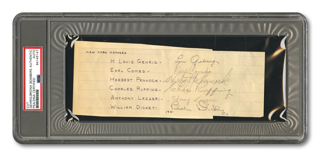 C. 1931 NEW YORK YANKEES HALL OF FAMERS CUT SIGNATURE INCL. GEHRIG, LAZZERI, COMBS, PENNOCK, DICKEY & RUFFING (PSA/DNA AUTH.)