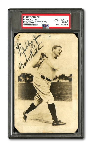 BABE RUTH AUTOGRAPHED SNAPSHOT PHOTOGRAPH PERSONALIZED "TO BOBBY"