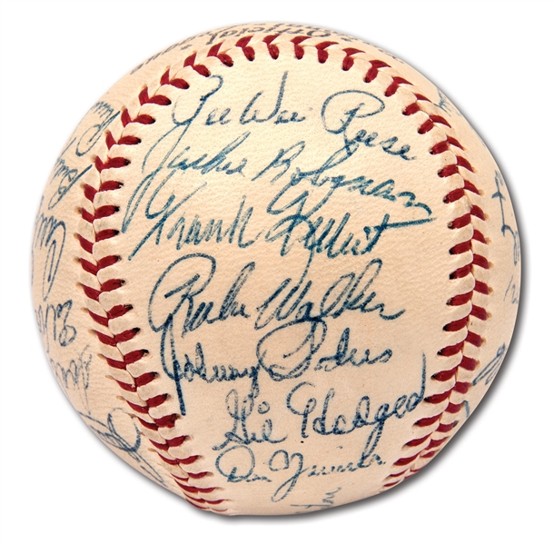 1955 BROOKLYN DODGERS WORLD CHAMPION TEAM SIGNED ONL (GILES) BASEBALL WITH JACKIE ROBINSON (DODGERS LOA, PSA/DNA 7.5 OVERALL GRADE)