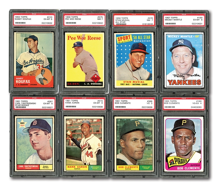 LOT OF (16) PSA GRADED TOPPS HALL OF FAMERS INCL. 1967 MANTLE #150 (EX-MT 6), 1955 MAYS #194 (NM 7-MC) & 1956 J. ROBINSON #30 (EX 5)