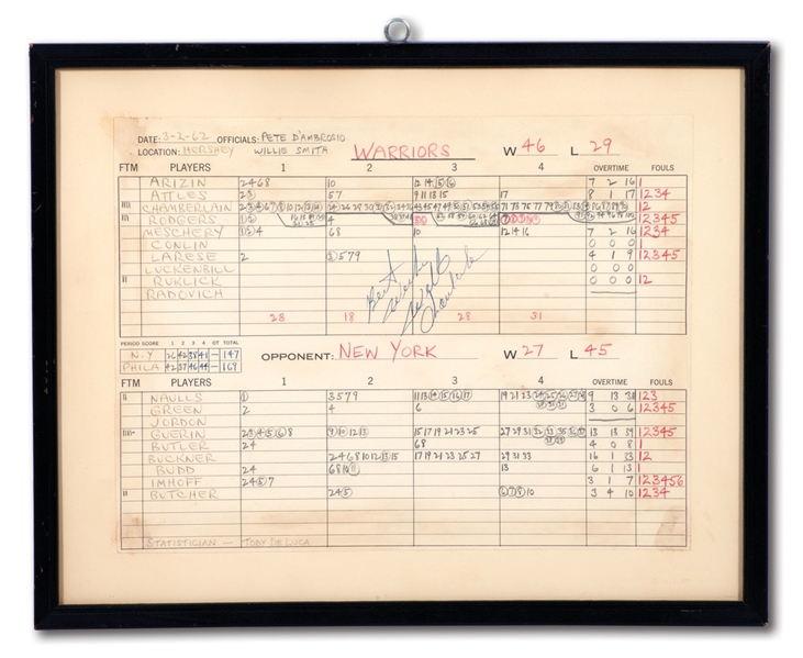 MARCH 2, 1962 WILT CHAMBERLAIN SIGNED 100-POINT GAME HOME OFFICIAL SCORERS SHEET BY PHILADELPHIA WARRIORS STATISTICIAN TOBY DELUCA (IMPECCABLE PROVENANCE)